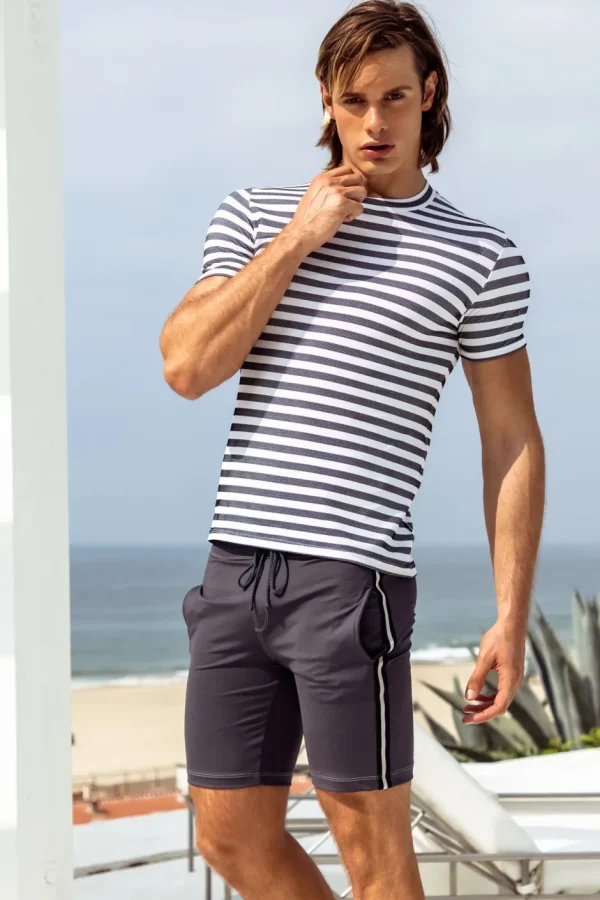 Workout + Linen*Sauvage Swimwear Midlength Athletic Short w. white stripe. Grey