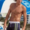 Swim Trunks*Sauvage Swimwear Navy & Lime Stripe Retro Lycra Swimmer Navy/Lime